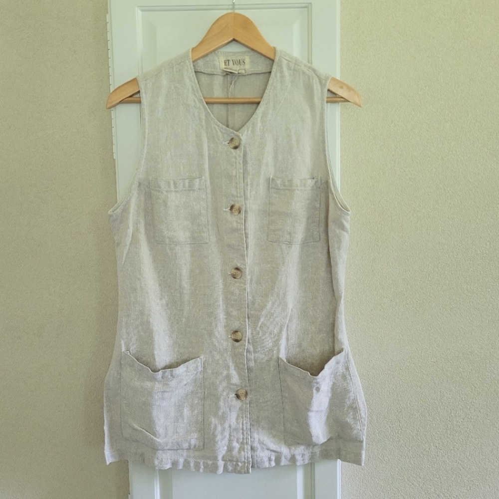 Et Vous Natural 100% Linen Button Vest With Pockets Size Small